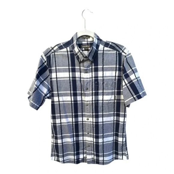 Eddie Bauer Blue and White Plaid Short Sleeve Button Down Men's Shirt Size Small - Picture 3 of 6